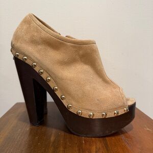 Jimmy Choo "Urge" Studded Suede Peep-Toe Clog Booties,39.5